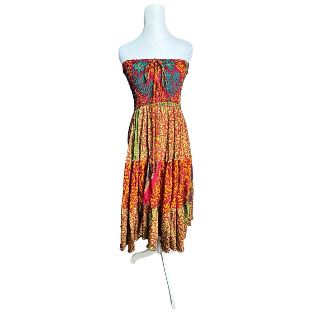 Boho Silk Blend Womens Strapless Dress Crafted in India Earthy Patchwork One Sz